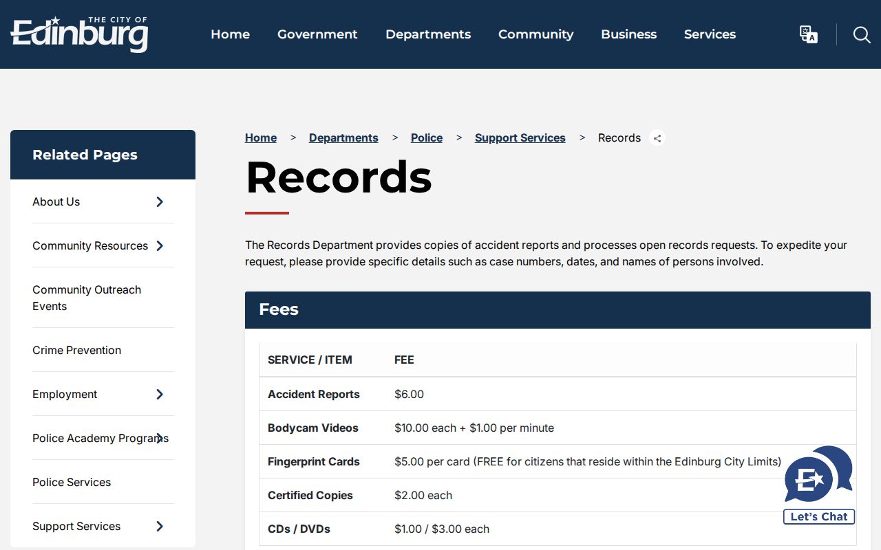 Edinburg Police Records official webpage