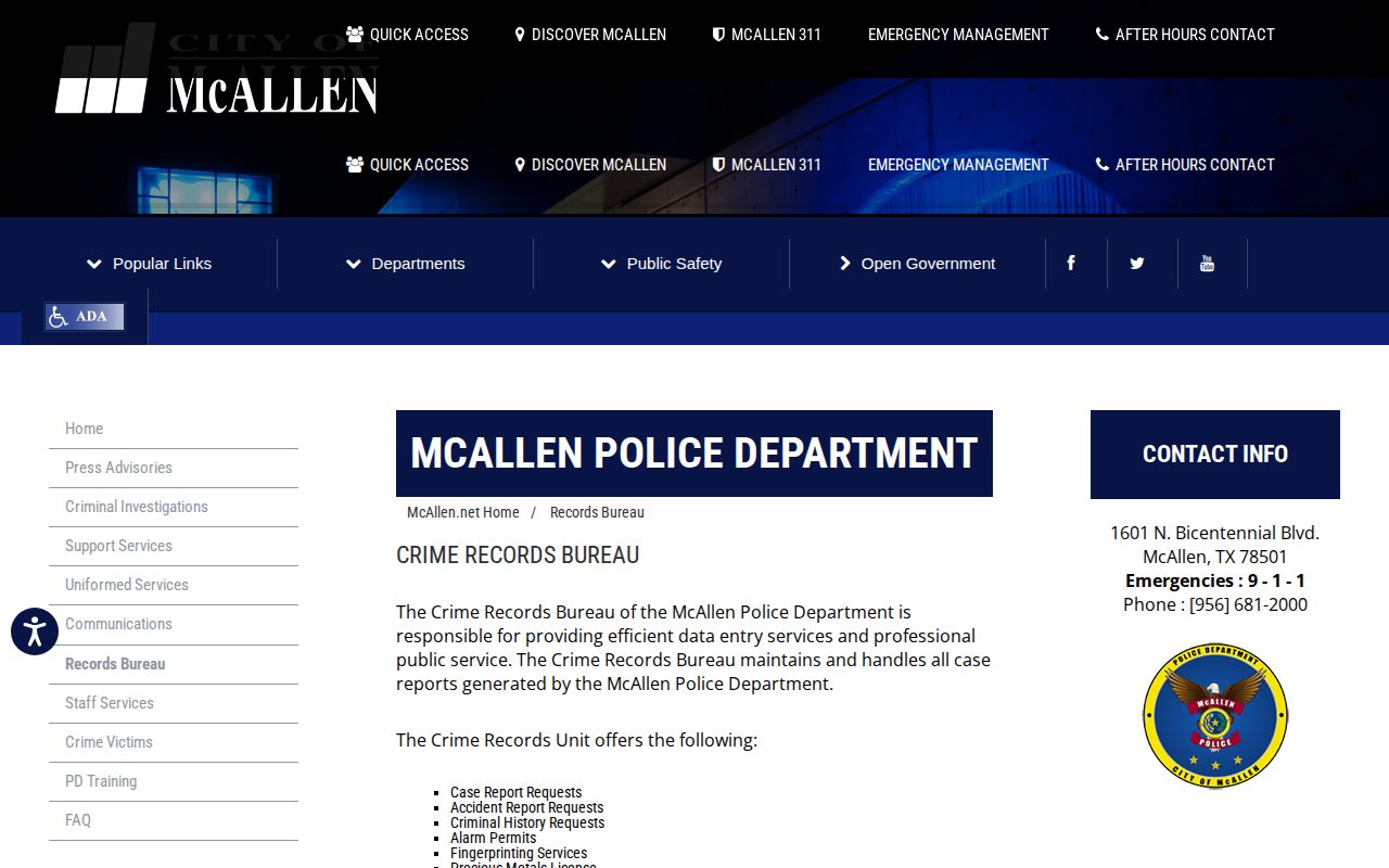 McAllen Police Department Records Bureau official webpage
