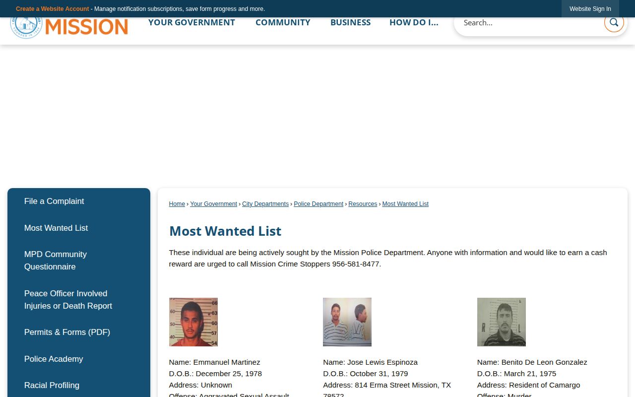 Mission Police Department official Most Wanted list webpage
